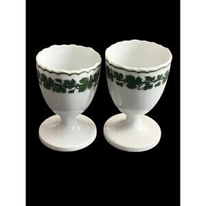 2 Vintage Meissen Porcelain Green Ivy Leaf Egg Cups